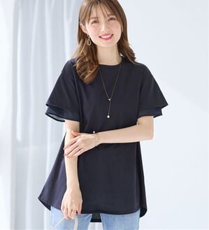 alotta（アロッタ）の「【接触冷感】＜丈が選べる＞袖口シフォンＴシャツチュニック（カットソー）」｜ネイビー／チュニック丈