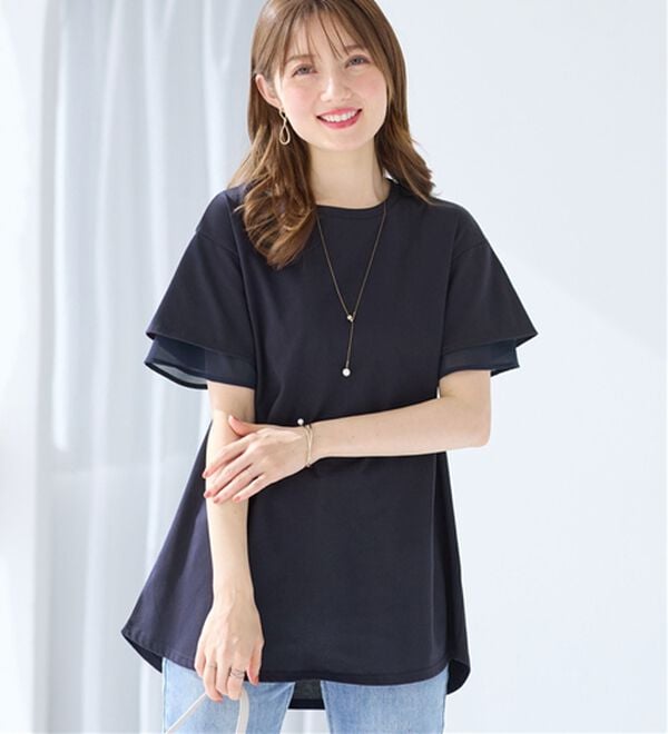 alotta（アロッタ）の「【接触冷感】＜丈が選べる＞袖口シフォンＴシャツチュニック（カットソー）」｜ネイビー／チュニック丈