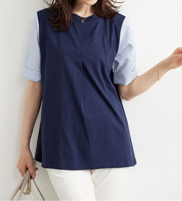 BELLUNA（ベルーナ）の「異素材切替タック使いプルオーバー（カットソー）」｜ネイビー系