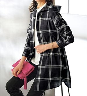 BELLUNA（ベルーナ）の「フード付チェック柄チュニックパーカー（パーカー）」｜モノトーン系