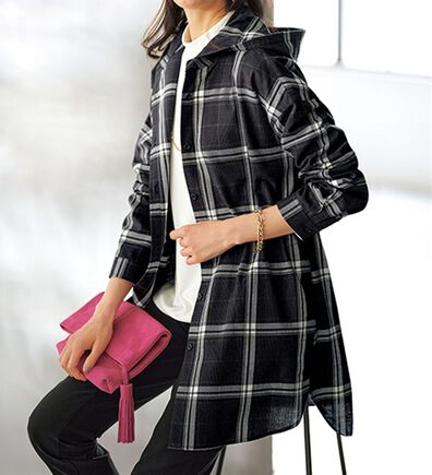 BELLUNA（ベルーナ）の「フード付チェック柄チュニックパーカー（パーカー）」