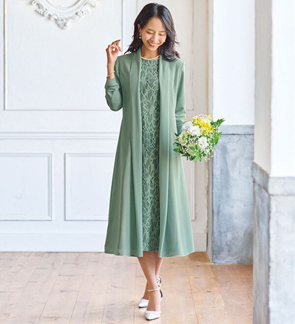 お専用です✨インゲホルグ★ダークグリーン 長袖ニットワンピースレース編みが華やか ロングジャケット花柄レースワンピースアンサンブル - ベルーナ【公式】