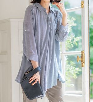 BELLUNA（ベルーナ）の「スラブ素材ドレープシャツチュニック（チュニック）」｜ストライプ