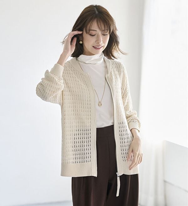 BELLUNA（ベルーナ）の「透かし柄ニットジップブルゾン（ニットカーディガン）」｜詳細画像