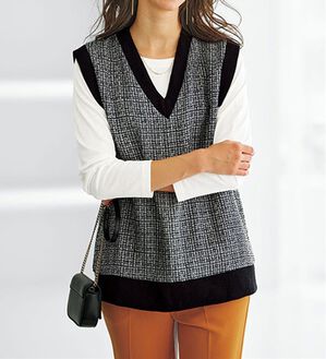 BELLUNA（ベルーナ）の「ツイード調素材Ｖネックデザインベスト（ベスト）」｜黒／白