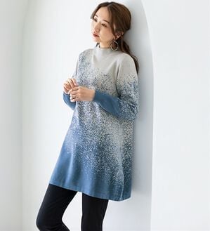 BELLUNA（ベルーナ）の「ロング丈配色ジャカードニットチュニック（チュニック）」｜ブルー系