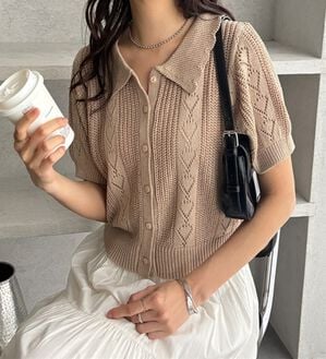 GeeRA（ジーラ）の「透かし編みポロ衿ニット（ニット・セーター）」｜ベージュ