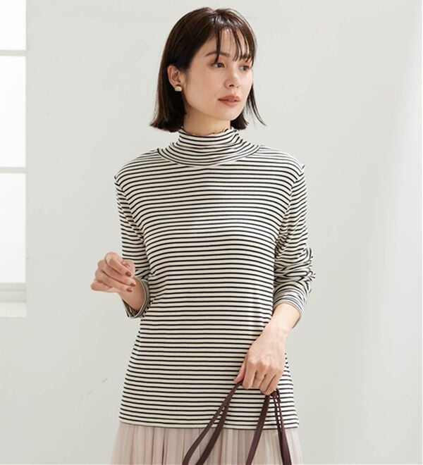 BELLUNA（ベルーナ）の「なめらか素材ハイネックボーダープルオーバー（カットソー）」｜詳細画像