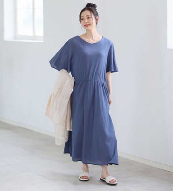 A HAPPY MARILYN（アハッピーマリリン）の「風通る 綿 楊柳 フレア袖 ウエストゴム ワンピース（カットソーワンピース）」｜詳細画像