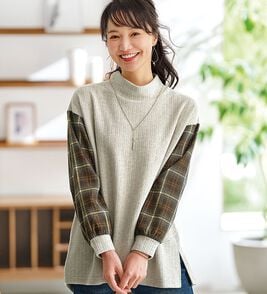 BELLUNA（ベルーナ）の「袖チェック切替デザインプルオーバー（カットソー）」
