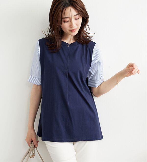 BELLUNA（ベルーナ）の「異素材切替タック使いプルオーバー（カットソー）」｜ネイビー系