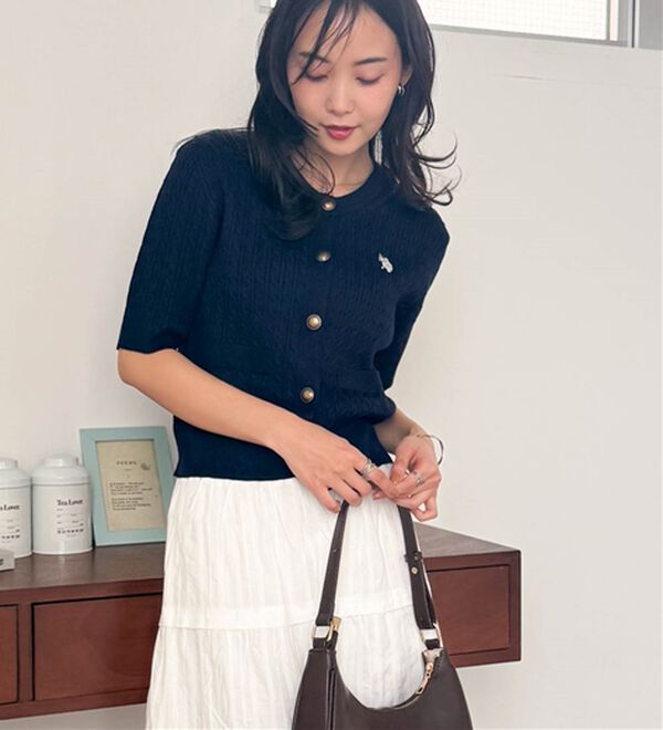 U．S．POLO ASSN．＞ゴールドボタン半袖刺繍ケーブルニット