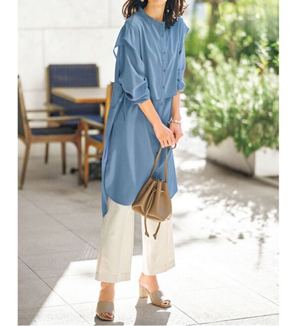 BELLUNA（ベルーナ）の「麻調素材レイヤード風ロングシャツ（シャツワンピース）」｜詳細画像