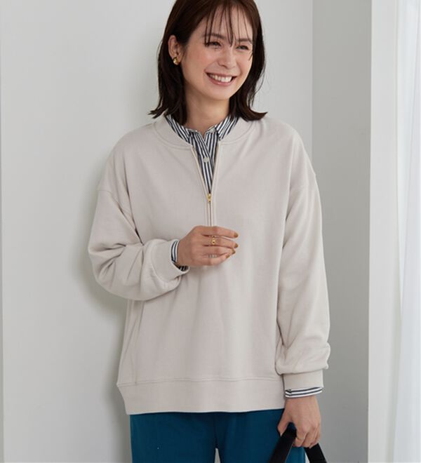 BELLUNA（ベルーナ）の「リブ使いハーフジップ裏毛プルオーバー（カットソー）」｜グレージュ