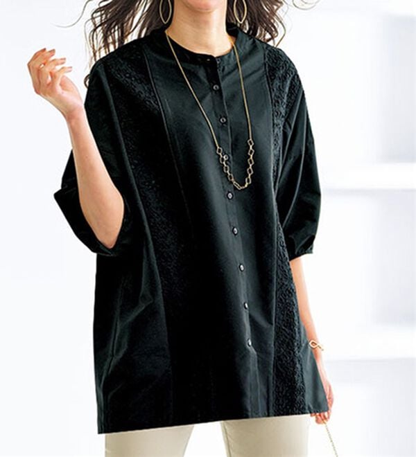 BELLUNA（ベルーナ）の「サッカー素材レース切替ドルマンチュニック（チュニック）」｜黒