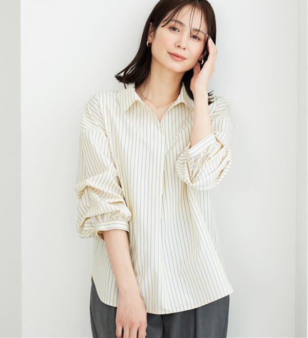 BELLUNA（ベルーナ）の「【新色追加】袖タックデザインスキッパーシャツ（シャツ）」｜イエローストライプ