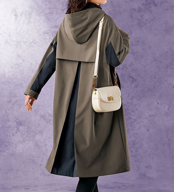 BELLUNA（ベルーナ）の「メモリー調素材配色切替デザインコート（ロングコート）」｜モカ／チャコール