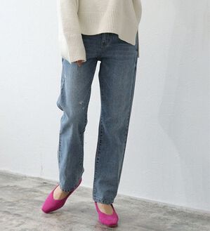 Pierrot（ピエロ）の「【選べる丈】ハイウエストストレートデニム（フルレングスパンツ）」｜ダメージ/ブルー