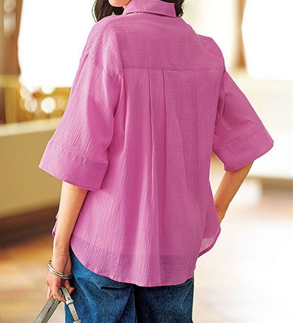 BELLUNA（ベルーナ）の「楊柳コットン袖ボタンデザインシャツ（シャツ）」｜ピンク