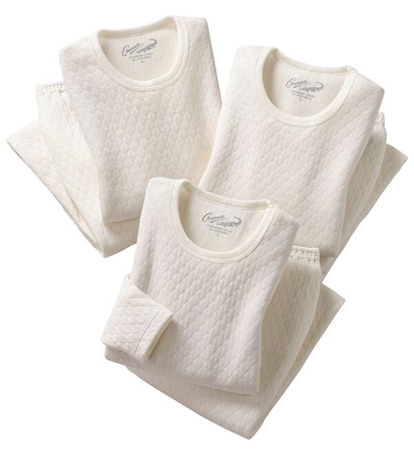 「【３着組】＜クロコダイル＞ウール入肌側綿１００％極温（Ｒ）キルトインナー上下３着組（メンズ肌着・インナーウェア）」｜ホワイト上下3着組