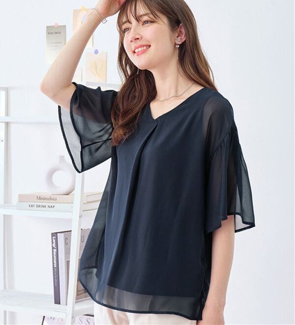 alotta（アロッタ）の「【接触冷感】インナー付フレアー袖タックブラウス（ブラウス）」｜詳細画像