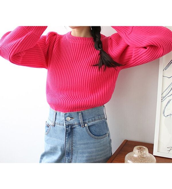 GeeRA（ジーラ）の「パフスリーブ袖ボタン着回しリブニット（ニット・セーター）」｜ピンク