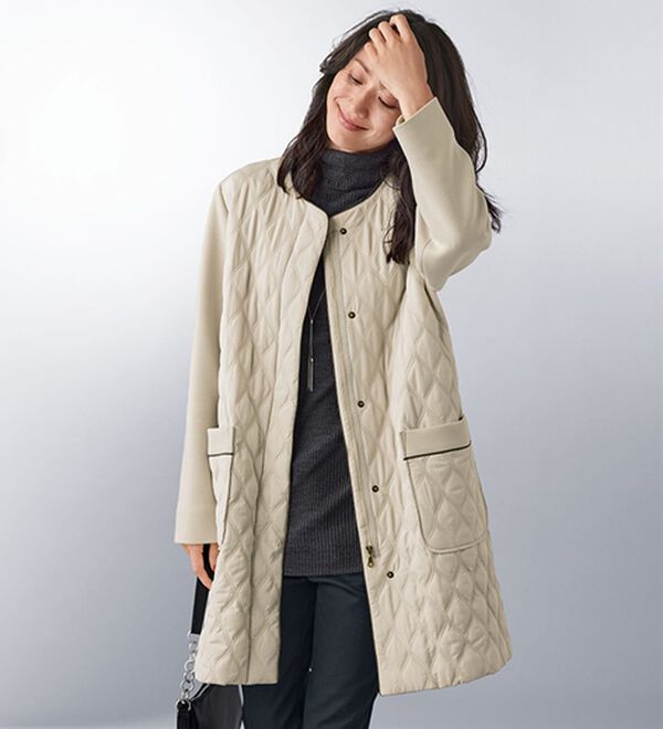 BELLUNA（ベルーナ）の「中わたキルティング切替ダンボール素材コート（ハーフコート）」｜アイボリー