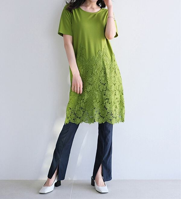 【新品】  RehersalL / リハーズオール | レース 切替 スクエアネック チュニック ブラウス | biotop / グリーン | レディース RehersalL - 【新品】 RehersalL / リハーズオール | レース 切替