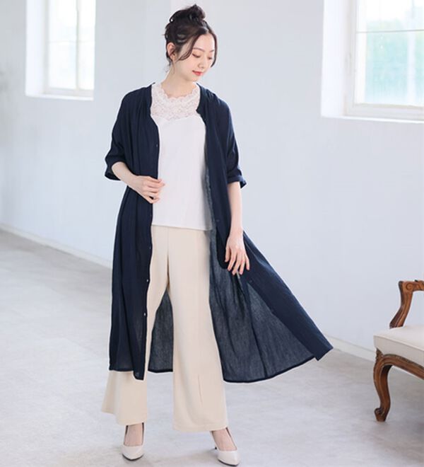 A HAPPY MARILYN（アハッピーマリリン）の「【Ｌ～６Ｌ】【風通るプレミアム】綿１００％ 楊柳 五分袖 ギャザーたっぷりワンピース（カットソーワンピース）」｜詳細画像