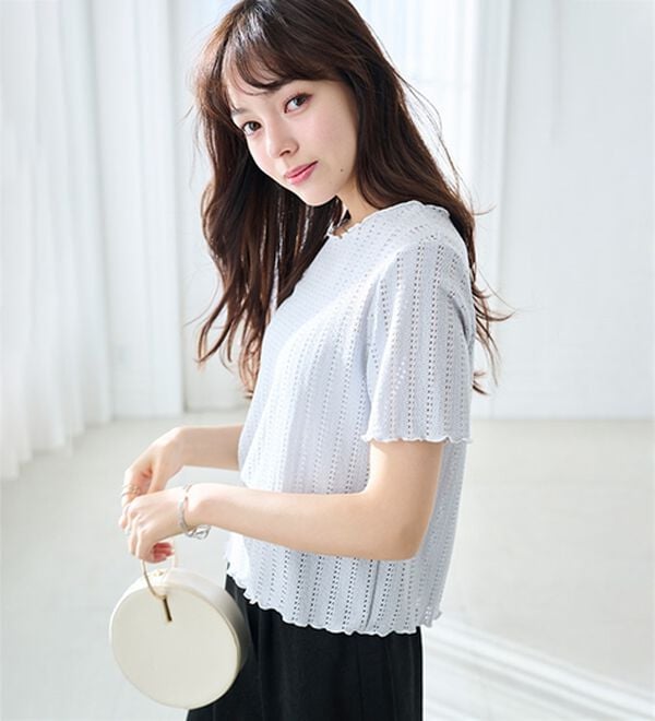 RANAN（ラナン）の「インせず着られる！透かし柄メロー配色Ｔシャツ（カットソー）」｜詳細画像