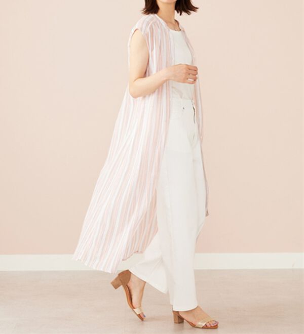 BELLUNA（ベルーナ）の「ラメ入りストライプ柄シアーロングシャツ（シャツワンピース）」｜詳細画像