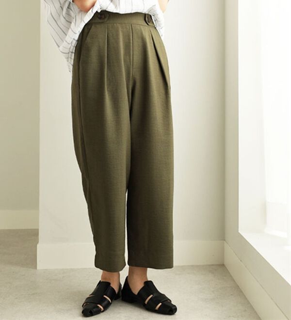 BELLUNA（ベルーナ）の「麻調合繊ボタン使いワイドパンツ（ワイドパンツ・ガウチョ）」｜カーキ