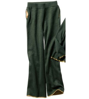 VINNO（ヴィノ）の「なめらかリッチ・配色ニットパンツ（ワイドパンツ・ガウチョ）」｜グリーン