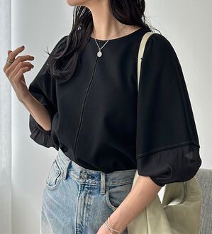 GeeRA（ジーラ）の「袖シアー切替ランタンスリーブトップス（カットソー）」｜ブラック