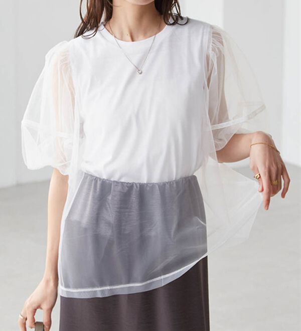 RANAN（ラナン）の「【ひんやり】チュールレイヤードパフスリーブTシャツ（カットソー）」｜詳細画像