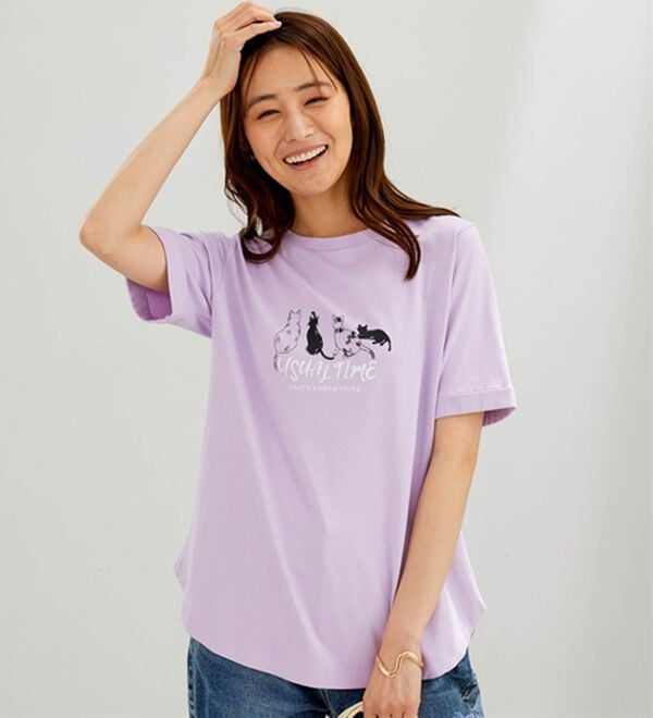 BELLUNA（ベルーナ）の「綿１００％着映えネコ柄プリントＴシャツ（Tシャツ）」｜詳細画像