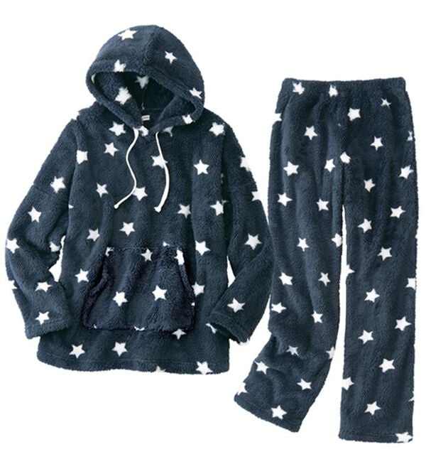 YU'NOW（ユナウ）の「【上下２点セット】ふんわりモコボアフリースパーカー＆パンツセット（パジャマ・ルームウェア）」｜ダークネイビー星柄
