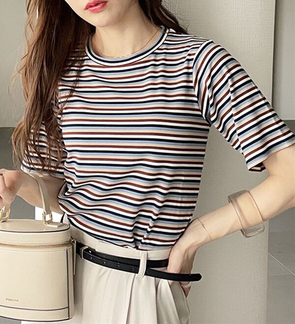 GeeRA（ジーラ）の「マルチボーダー５分袖リブカットソー（カットソー）」｜詳細画像