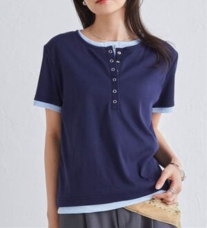 RANAN（ラナン）の「レイヤード風ヘンリーネックTシャツ（カットソー）」｜ネイビー系