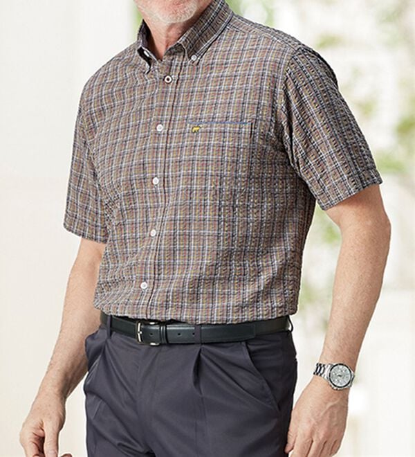 「＜ゴールデンベア＞袖丈選べる綿１００％サッカーシャツ（メンズシャツ）」｜詳細画像