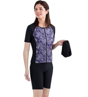 「【３点セット】フィットネス水着３点セット（水着・スイムウェア）」｜ペイズリー(半袖 パープル)
