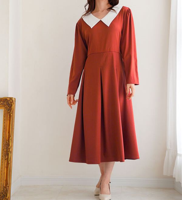 A HAPPY MARILYN（アハッピーマリリン）の「【Ｌ～６Ｌ】【ＭａｒｉｌｙｎＳｗｅｅｔ】体型別フェミニン ボリュームフレアワンピース（ロングワンピース）」｜オレンジブラウン