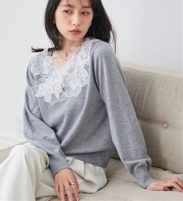 RANAN（ラナン）の「デコルテレースフリルニット（ニット・セーター）」｜詳細画像