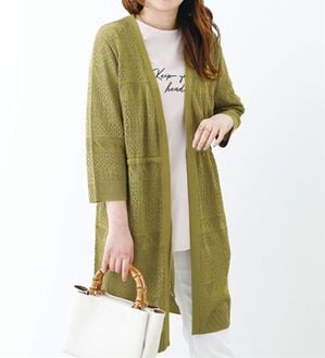 BELLUNA（ベルーナ）の「透かし編ニットロングカーディガン（ニットカーディガン）」｜イエローグリーン