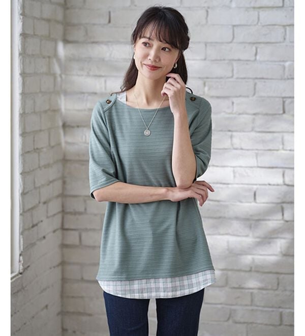 BELLUNA（ベルーナ）の「ひんやり冷感！タックジャカード素材重ね着風プルオーバー（カットソー）」｜詳細画像