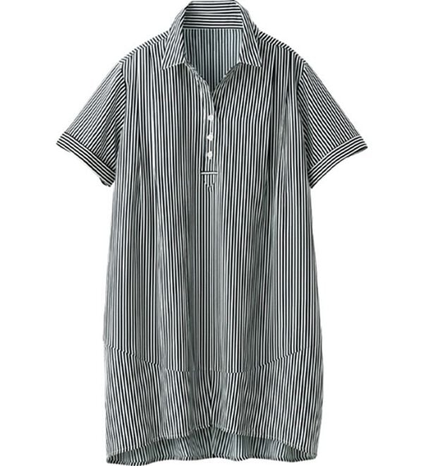 BELLUNA（ベルーナ）の「麻調ボタンデザインシャツチュニック（チュニック）」｜ストライプ