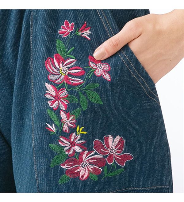 「【２色組】刺しゅうが可愛いワイドデニムパンツ（ワイドパンツ・ガウチョ）」｜詳細画像