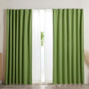 iellio（イエリオ）の「防炎＆１・２級遮光＆断熱保温＆ＵＶ見えにくいレース付カーテンセット＜４枚組・防炎・遮光１級・洗える・無地・レースカーテン＞（ドレープカーテン）」｜グリーン