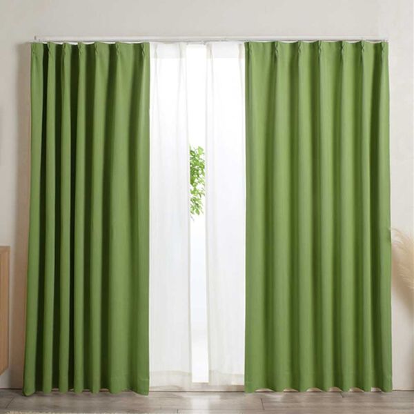 iellio（イエリオ）の「防炎＆１・２級遮光＆断熱保温＆ＵＶ見えにくいレース付カーテンセット＜４枚組・防炎・遮光１級・洗える・無地・レースカーテン＞（ドレープカーテン）」｜グリーン