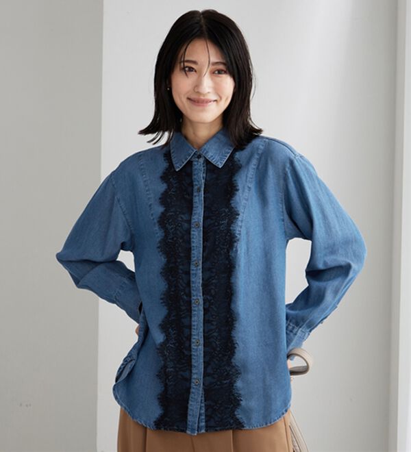 BELLUNA（ベルーナ）の「デニム素材レース使いシャツチュニック（チュニック）」｜詳細画像